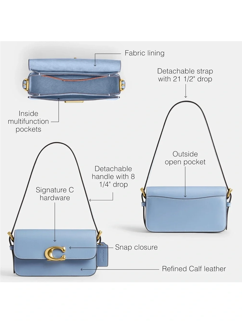 New Coach Light Blue Refined Calf Leather Zoe Shoulder Bag with Gold Hardware
